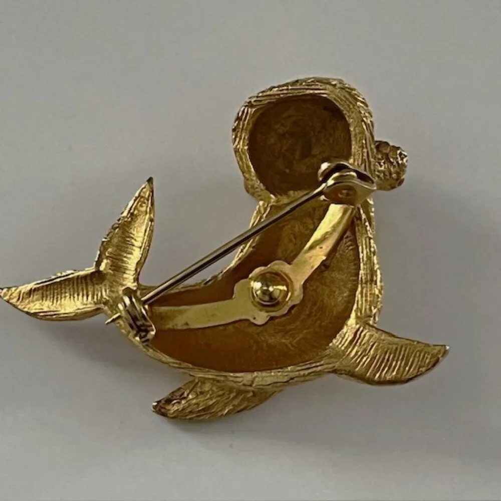 Walrus Brooch Gold Tone Pink Gem Rhinestone Eyes Marine Sea Life Figural Pin